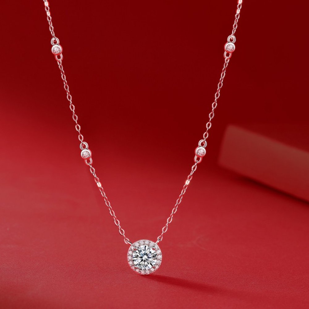 Certified 1ct. t.w. Moissanite Diamond Round Halo Chain Necklace NEW - Picture 1 of 10